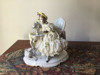 Unterweissbach Dresden Lace Figurine Lady W Love Letter And Borzoi,  Greyhound