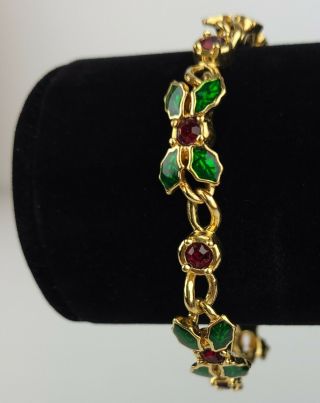 Avon Vintage Holly Christmas Gold Tone Chain Bracelet Red Rhinestone 8 " Jewelry