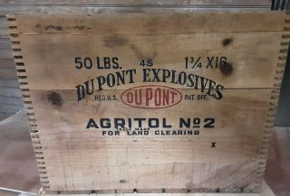 Vintage Dupont High Explosives Dynamite Wood Box Crate Dovetailed Agritol No.  2