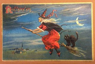 Vintage Halloween Postcards Tuck,  Witch On Broom,  Cat,  Series 150 Early 1900s