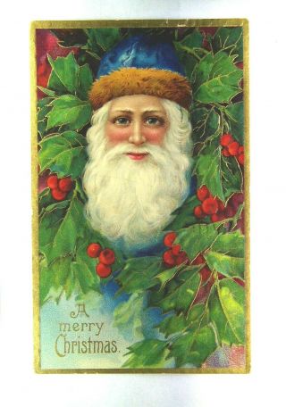 Vintage Christmas Greetings Postcard Santa Claus Year Gift Fir - Tree Decor