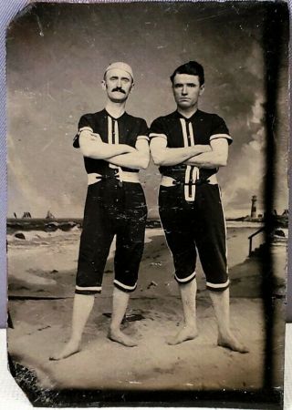 C1870 Victorian Tintype Two Dashing Young Men In Swimsuits At The Beach Nr