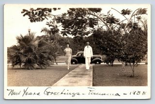 Vintage Real Photo Postcard Panama Canal Zone 1938 Fort Clayton Old Car D3