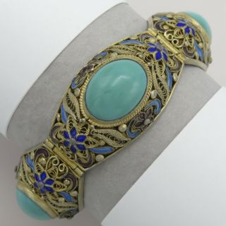 Vtg Chinese Sterling Silver Filigree Persian Turquoise Blue Enamel Bracelet