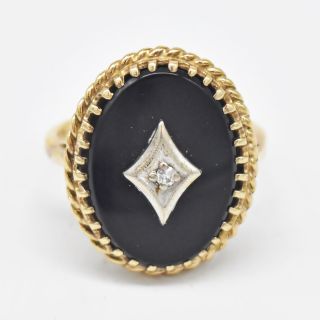 10k Yellow & White Gold Vintage Oval Black Onyx Diamond Ring Size 7.  5