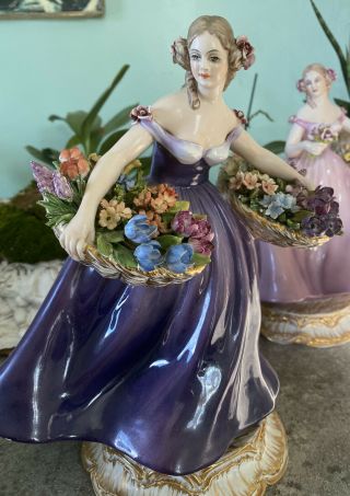 Antique Vintage Porcelain Figurine Lady Floral Basket Purple Artist Signed Italy