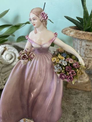 Antique Vtg Porcelain Figurine Lady Floral Basket Lavender Artist Signed Italy