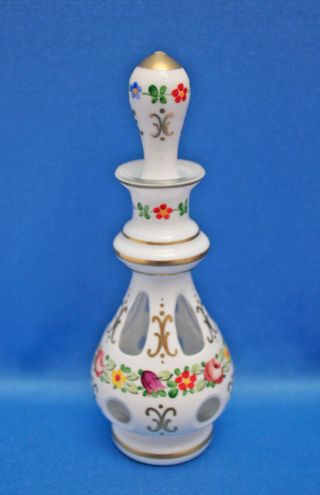 Vtg Czech Bohemian Cased Milk Glass Cut To Clear Perfume Bottle,  Stopper Numbered