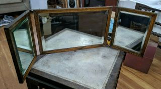 Antique Oak Tri Fold Folding Beveled Mirror With Celluloid Backing