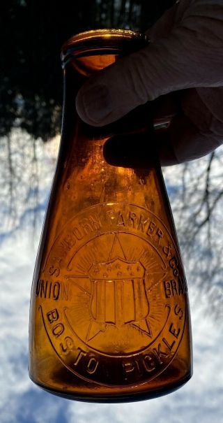 Antique Handblown Boston Pickle Bottle Ground 1880 Sanborn Parker Amber Wow
