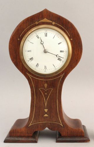 Antique Arts & Crafts Secessionist Inlaid Brass & Oak Mantle Clock, 2