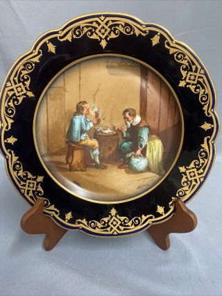 Antique Sevres Porcelain Hand Painted Cabinet Plate Tavern Scene Artist Signed