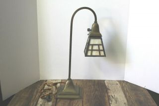 Antique Arts And Crafts Style Slag Glass Desk Lamp - Brass