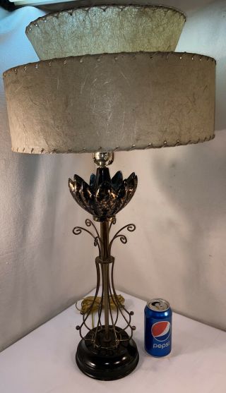 Vtg 60’s Mid - Century Black Gold Speck Pottery Metal Wire Lamp Fiberglass Shade
