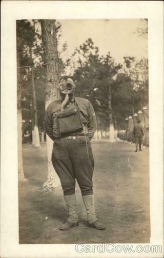 Wwi Rppc Us Soldier Posing In A Gas Mask Azo Real Photo Post Card Vintage