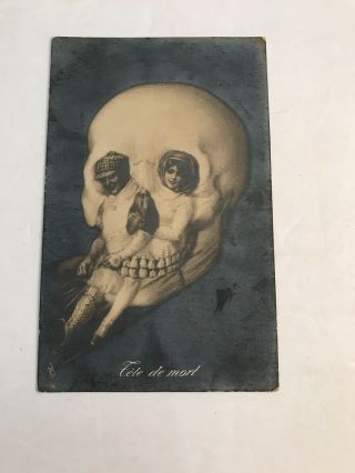 Old Skull Head Tete De Mort People On Sleigh Image Divided Postcard