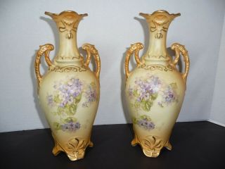 Antique Pair Mantle Vases Urn Double Handled Hand Painted Violets