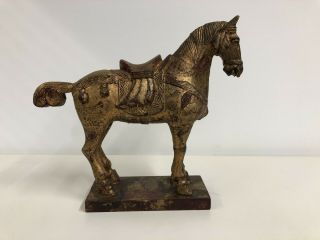 Hand Carved Chinese Wooden Horse Sculpture Folk Art 9 " Tall Ornate Gilded