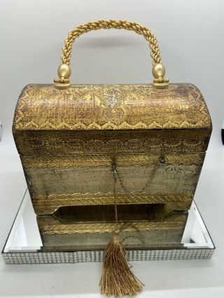 Italian Florentine Hollywood Regency Gold Gilt Wood Box Purse With Key Rare