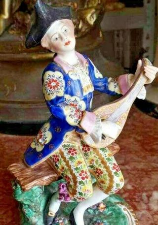 Antique English Derby Porcelain Figurine,  Man Playing Mandolin,  Xviii C.