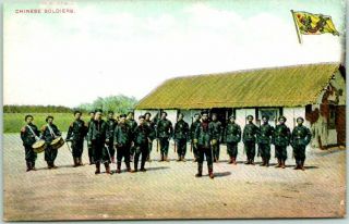 Vintage 1910s China Postcard " Chinese Soldiers " W/ Flag Of Qing Dynasty