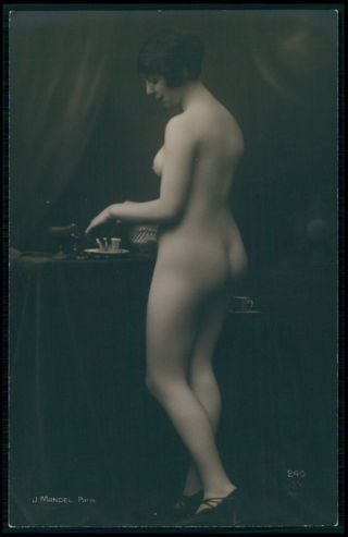 French Nude Woman Tea Time Butt Maid Risque Curiosa Rppc Old 1920 Photo Postcard
