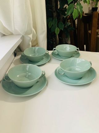 Woods Ware Beryl England 4 Tea Cups And Saucers Green 2 Handles Made In England