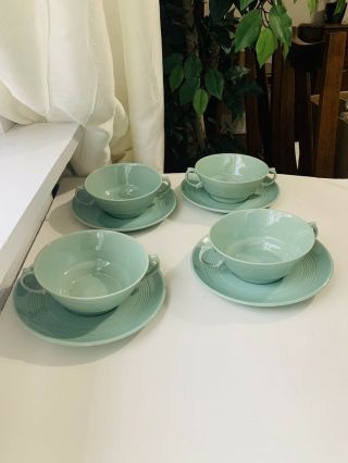 WOODS WARE BERYL England 4 Tea Cups And Saucers Green 2 Handles MADE IN ENGLAND 2