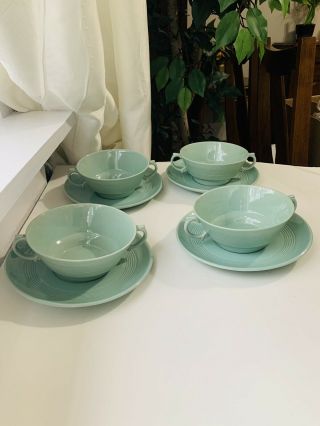 WOODS WARE BERYL England 4 Tea Cups And Saucers Green 2 Handles MADE IN ENGLAND 3