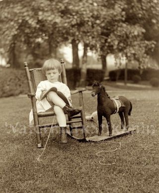 1890s Era Photo Glass Negative Pull Toy Horse On Wheels Child In Rocking Chair