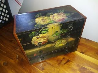 Large Antique Vintage Hand Painted Wooden Jewelry Box.  Victorian.