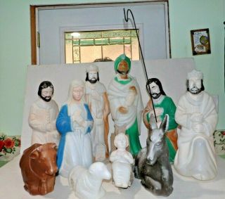Vtg 10 Pc Nativity Lighted Blow Mold Set Christmas Ptn