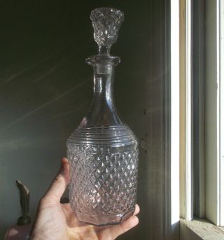 1840s EARLY PONTILED 3 PC MOLD FLINT GLASS DECANTER DIAMOND HOBNAIL WITH STOPPER 2