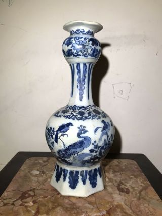 Antique 18th Cent Dutch Garlic Neck Delft Pottery Vase Blue White Birds Pt