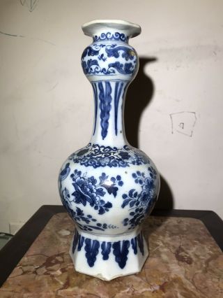 Antique 18th Cent Dutch Garlic Neck Delft Pottery Vase Blue White Birds PT 2