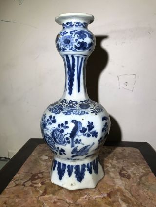 Antique 18th Cent Dutch Garlic Neck Delft Pottery Vase Blue White Birds PT 3