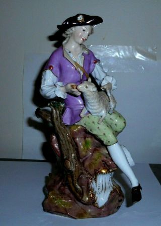 Antique Meissen Porcelain Figurine Boy With Lamb 19th Century Crossed Swords