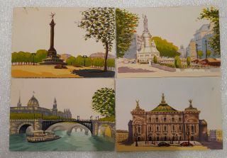 Four Vintage Artist Hand Painted Acrylic Scenes Of Paris France Postcards