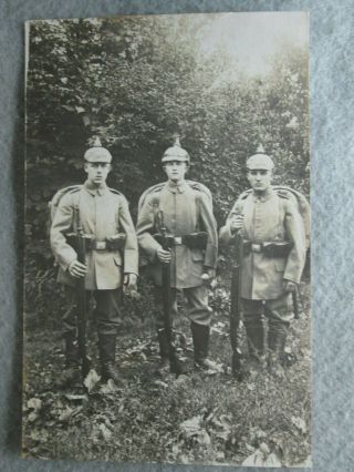Three World War 1 German Soldiers With Backpacks And Rifles Real Photo Postcard