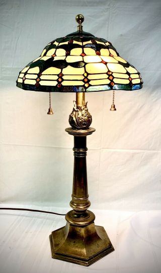 Vintage Brass Stiffel 22 " Desk Table Lamp W Leaded Glass Shade