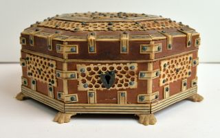 Antique Anglo - Indian Vizagapatam Hexagon Wooden Box Coffin Ivory Deco