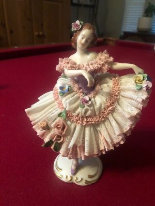 Antique Dresden Lace Volkstedt Porcelain Figurine Rare 9 In