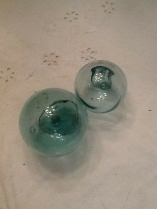 Vintage Set Of 2 Aqua Blown Glass Fishing Floats,  Balls 3 " & 2 " Round