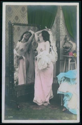 French Nude Woman Striptease Old 1910s Tinted Color Photo Postcard