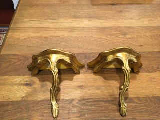 Vintage Pair (2) Hand Carved Gold Gilt Italian Florentine Wall Shelves - Italy