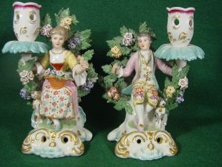 Antique Bocage Porcelain Candleholders Figure Pair Man Woman Flowers Pet Chelsea