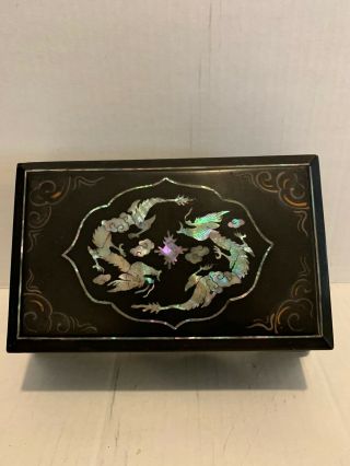 Vintage Antique Black Lacquer Box With Mother Of Pearl Dragon Inlays