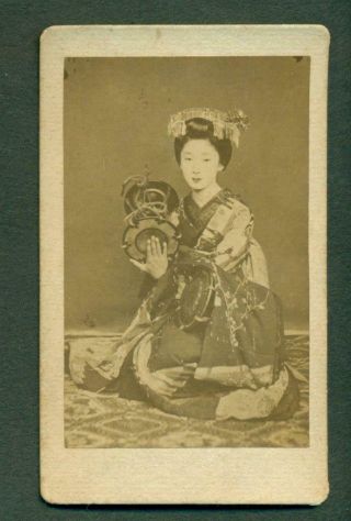 Antique Photo Ca.  1880 Asian Japanese Geisha Girl In Elaborate Costume W Drum S?