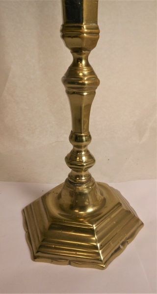 Good 18th Or Early 19th Century Brass Hex Base Candlestick 8 1/4  Tall