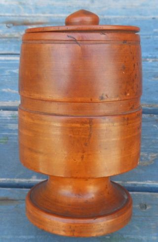 Great Antique American Treen Turned Wood Covered Vessel,  Great Patina,  Heavy